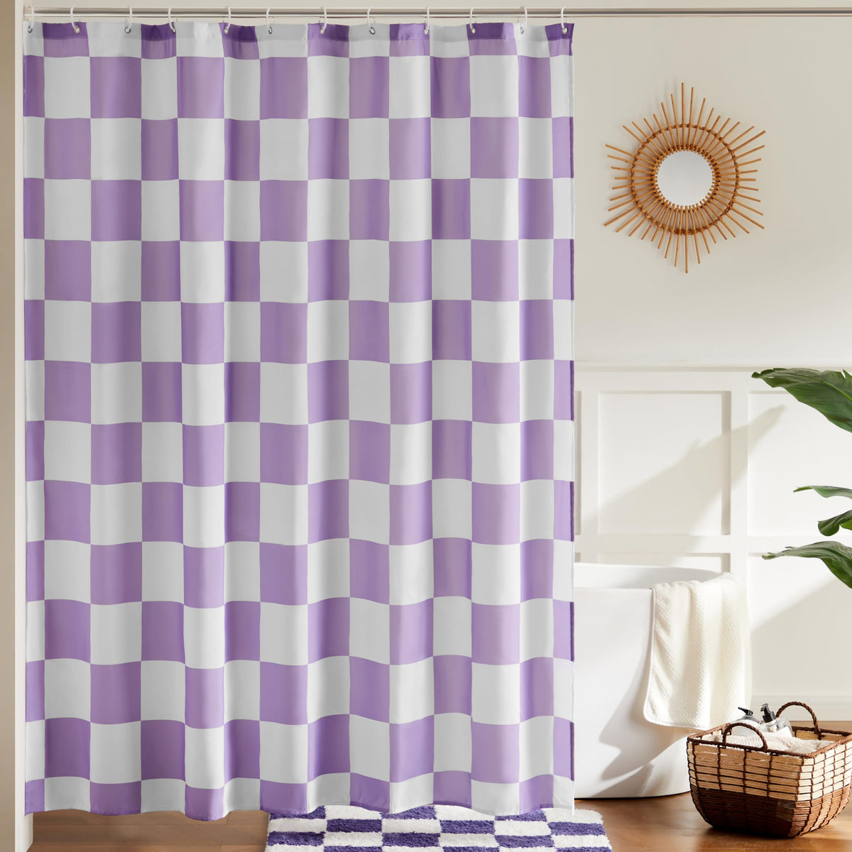 Ohocut Checkered Shower Curtain, Double Pink Plaid Shower Curtains for Bathroom, Cute Retro Checkboard Shower Curtain Vintage Aesthetic, Washable Fabric Bath Curtain 72''x72''