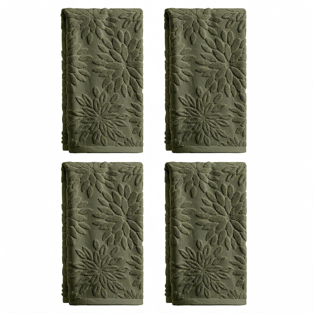 Artoid Mode 2 Pcs Olive Green 3D Dahlia Floral Jacquard Hand Towels for Bathroom, Cotton Soft Absorbent Bathroom Decor Towels, 13.7 x 29.5 Inch