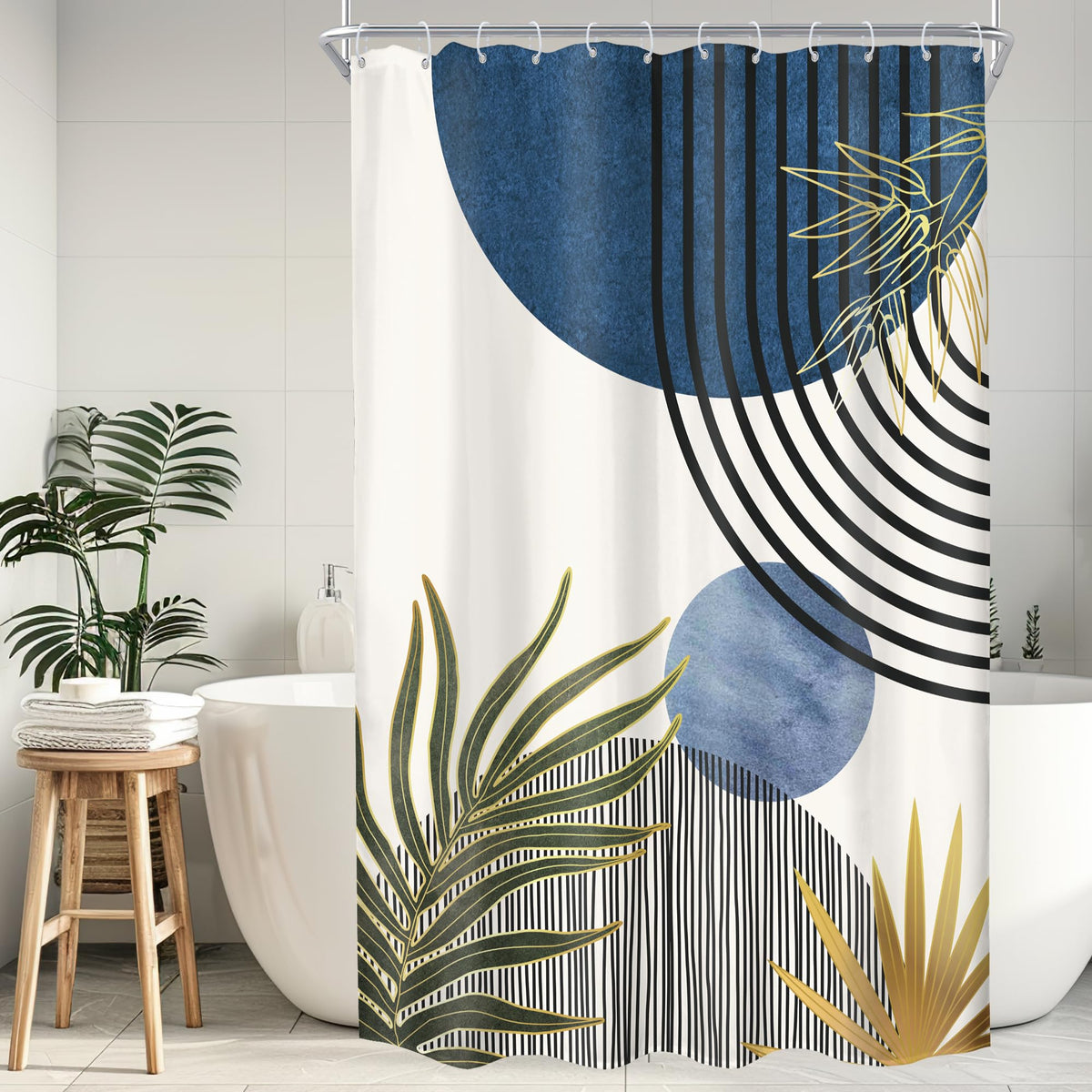 Mid Century Green Orange Boho Abstract Modern Bathroom Shower Curtain Set