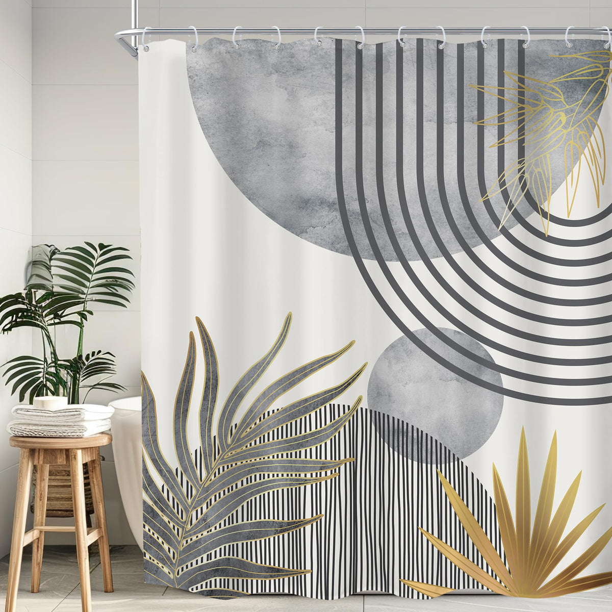 Mid Century Green Orange Boho Abstract Modern Bathroom Shower Curtain Set