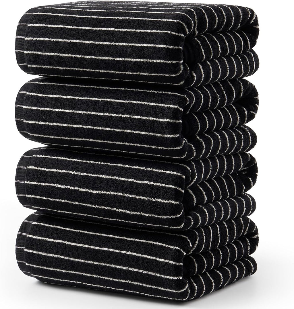 ecolook 4 Pack Premium Bath Towels, 100% Cotton Striped, 28x55 in, Black
