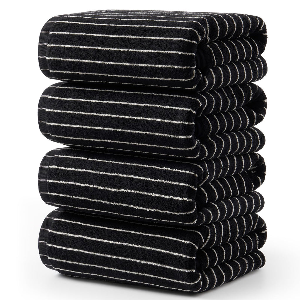 ecolook 4 Pack Premium Bath Towels, 100% Cotton Striped, 28x55 in, Black