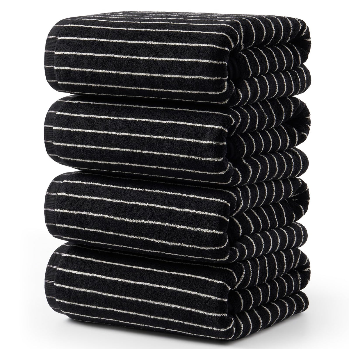 ecolook 4 Pack Premium Bath Towels, 100% Cotton Striped, 28x55 in, Black