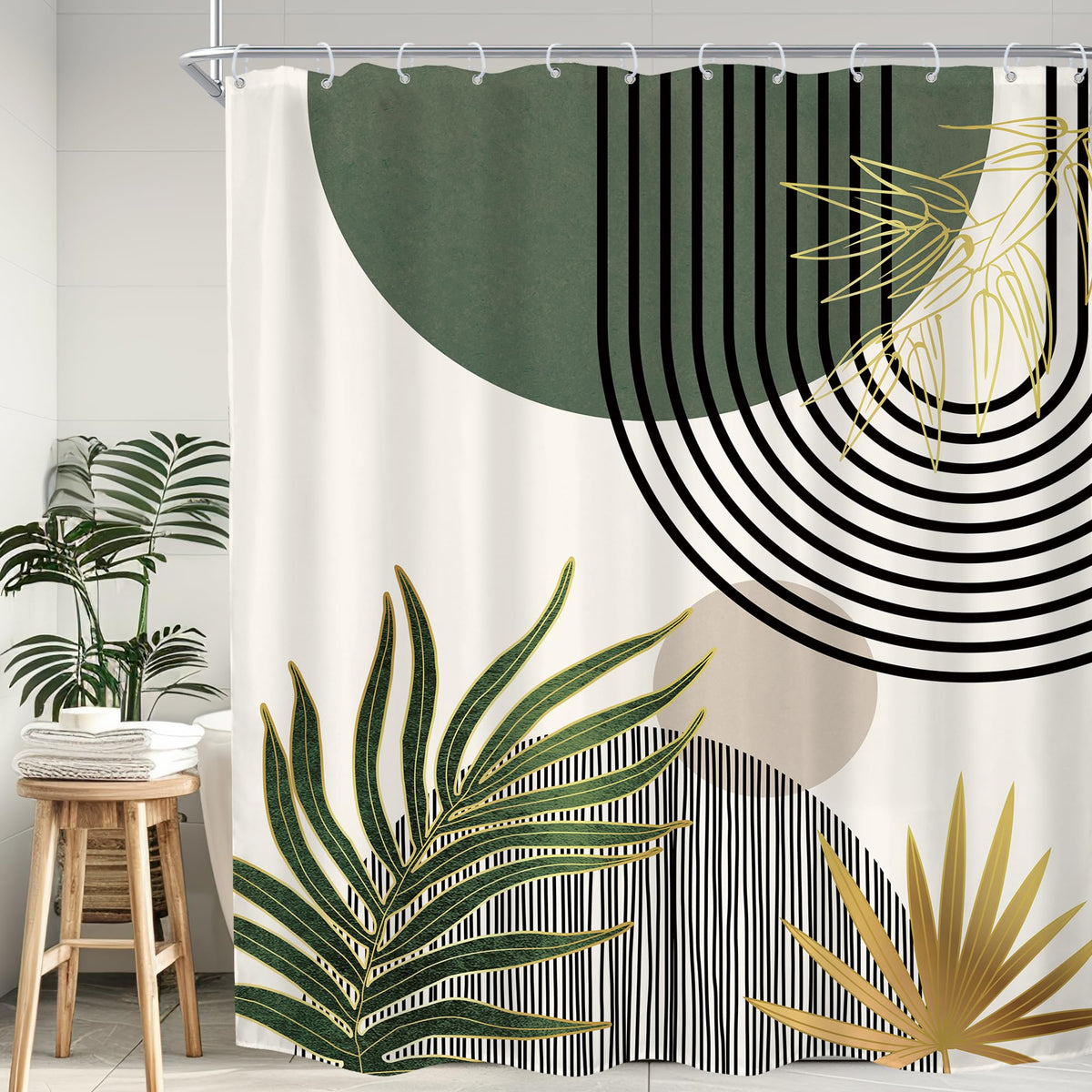 Mid Century Green Orange Boho Abstract Modern Bathroom Shower Curtain Set
