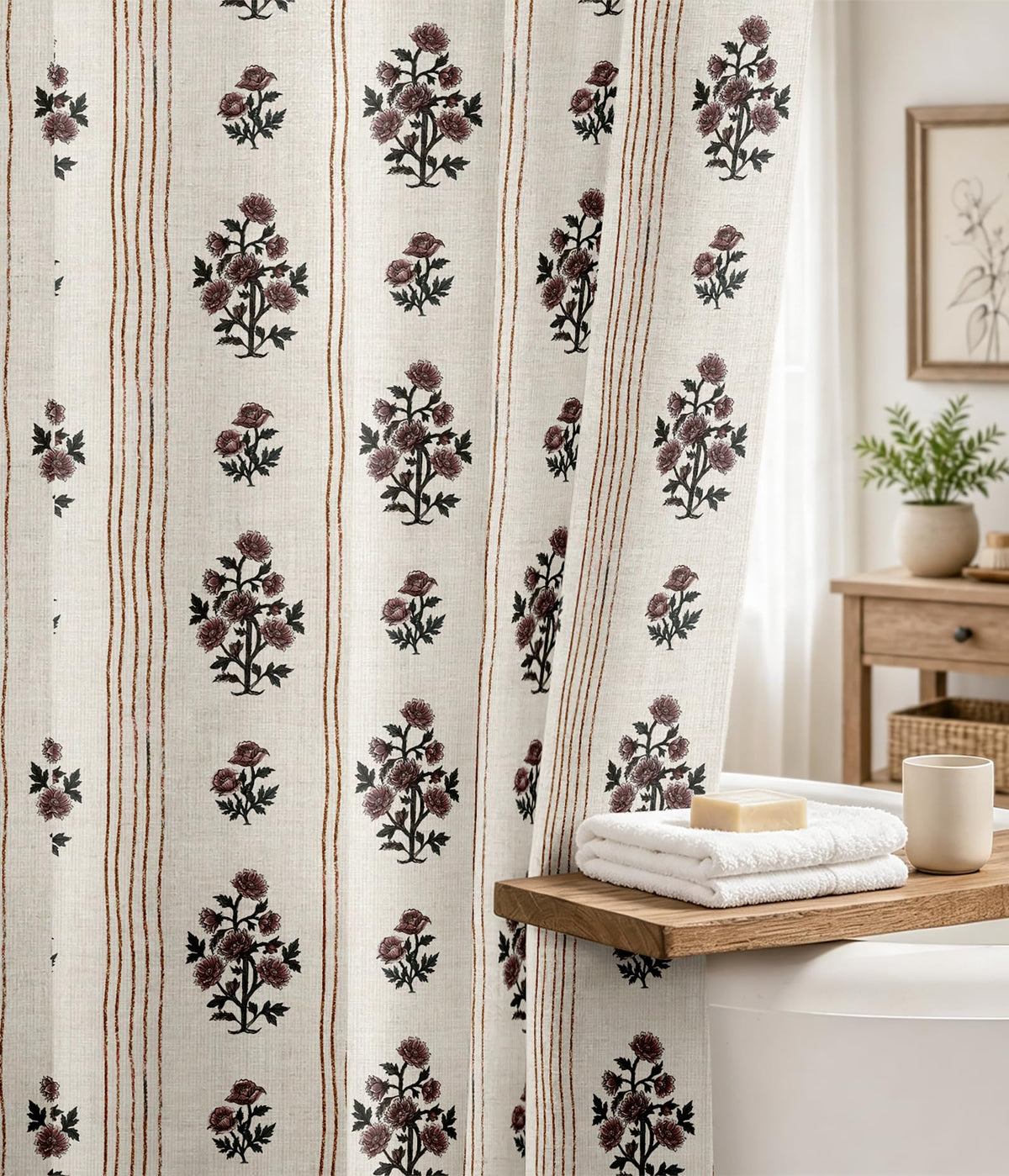 MAMUSE Linen Shower Curtain for Bathroom - Cute Aesthetic Decorative Modern Girly Unique Girls Design Farmhouse Women Waterproof Cortinas de Baño Bathtub 72 x 72 Inch, Sage Flower