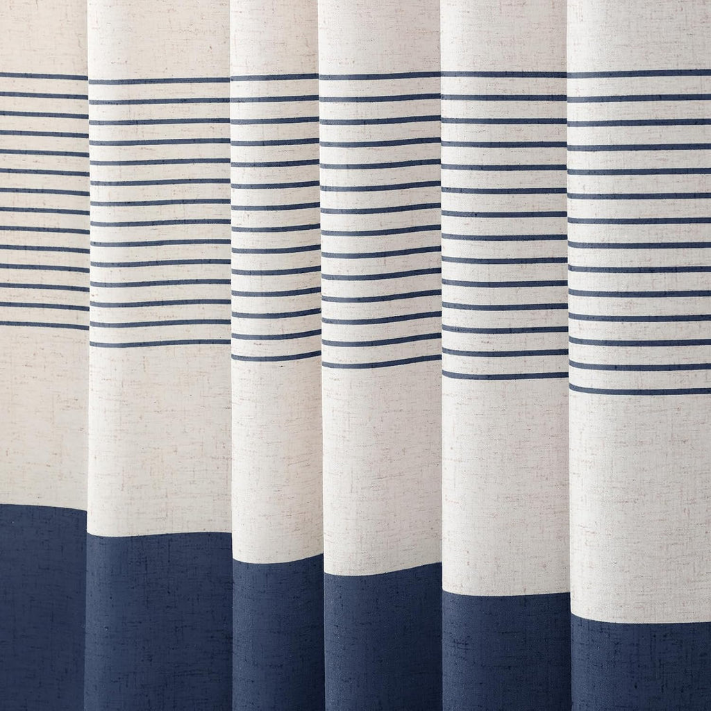 Navy Blue Coastal Ocean Linen Striped Shower Curtain with Tassel 72W X 72L