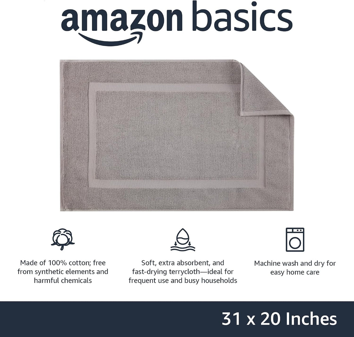 Amazon Basics Banded Bathroom Bath Rug Mat, Machine Washable, 100% Cotton, 31" x 20", Powder Gray