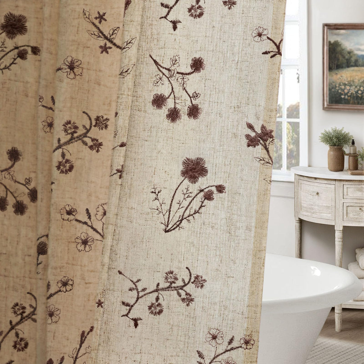 Floral Farmhouse Vintage Linen Shower Curtain French Country Decor 72Wx72H