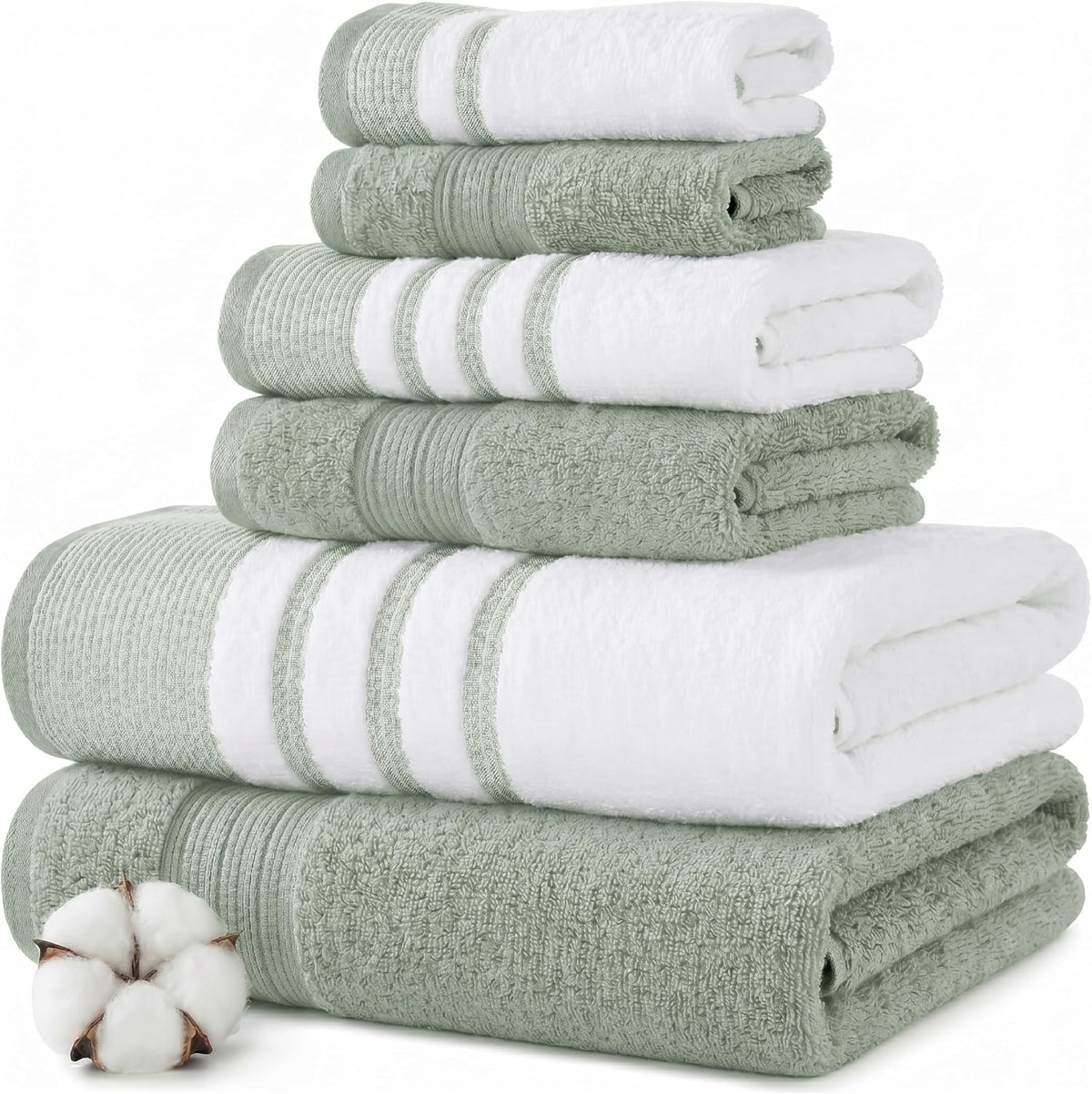 Modern Threads 6 Piece Bath Towel Set – Bathroom Towel Set with 2 Bath Towels, 2 Hand Towels & 2 Washcloths – 100% Cotton, Soft & Absorbent – Classic Border Stripe (Green)
