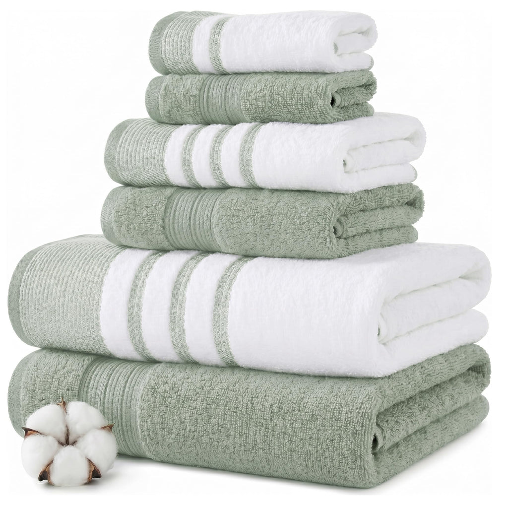 Modern Threads 6 Piece Bath Towel Set – Bathroom Towel Set with 2 Bath Towels, 2 Hand Towels & 2 Washcloths – 100% Cotton, Soft & Absorbent – Classic Border Stripe (Green)