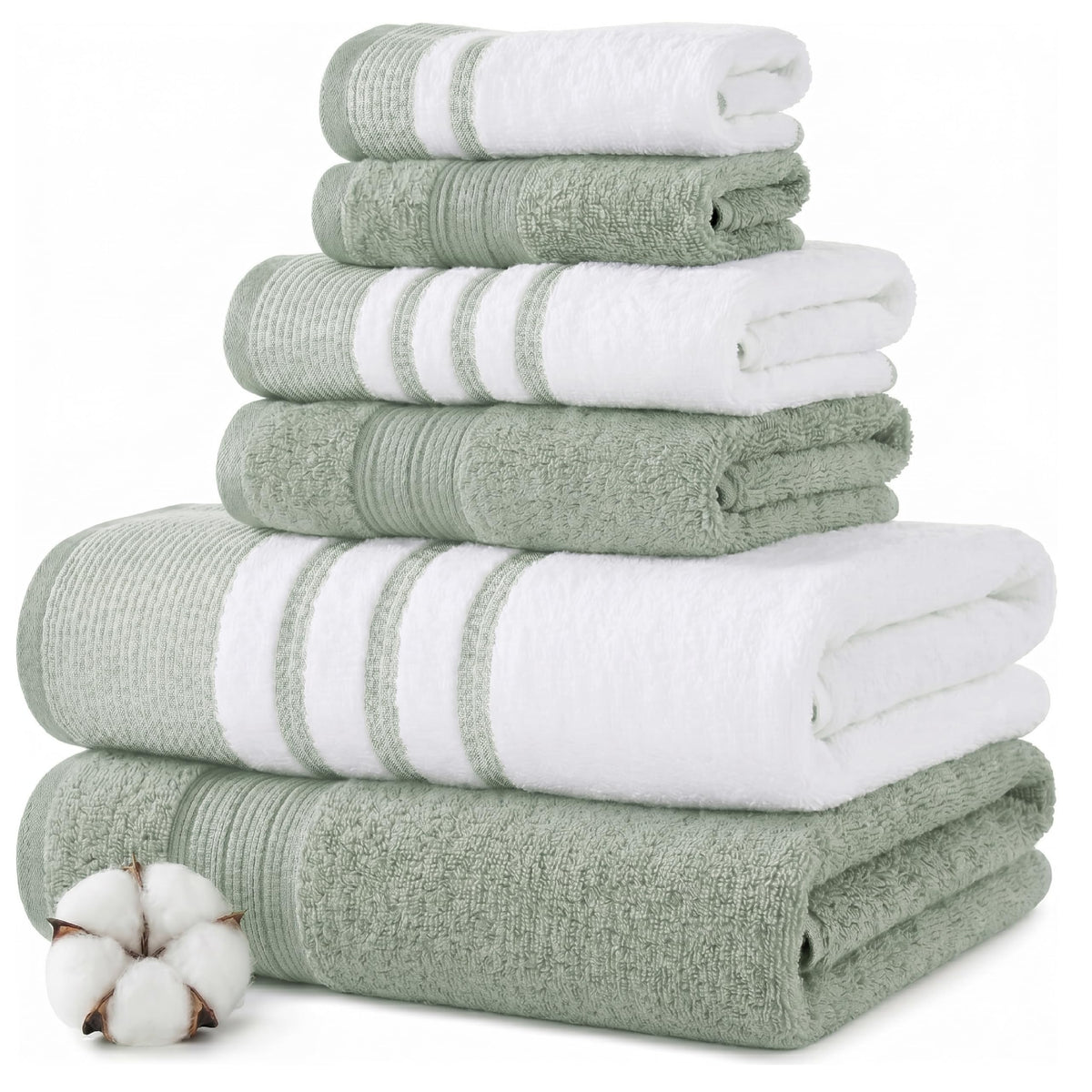 Modern Threads 6 Piece Bath Towel Set – Bathroom Towel Set with 2 Bath Towels, 2 Hand Towels & 2 Washcloths – 100% Cotton, Soft & Absorbent – Classic Border Stripe (Green)