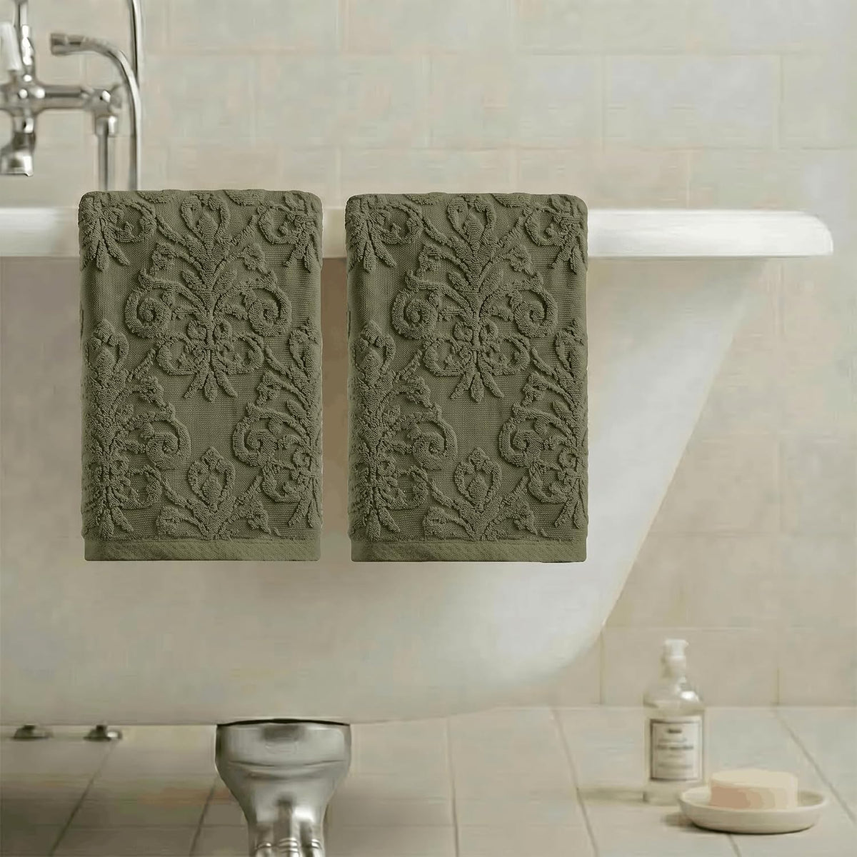 Artoid Mode 2 Pcs Olive Green 3D Vintage Floral Hand Towels for Bathroom, 100% Cotton Soft Absorbent Bathroom Decor Towels, 13.7 x 29.5 Inch
