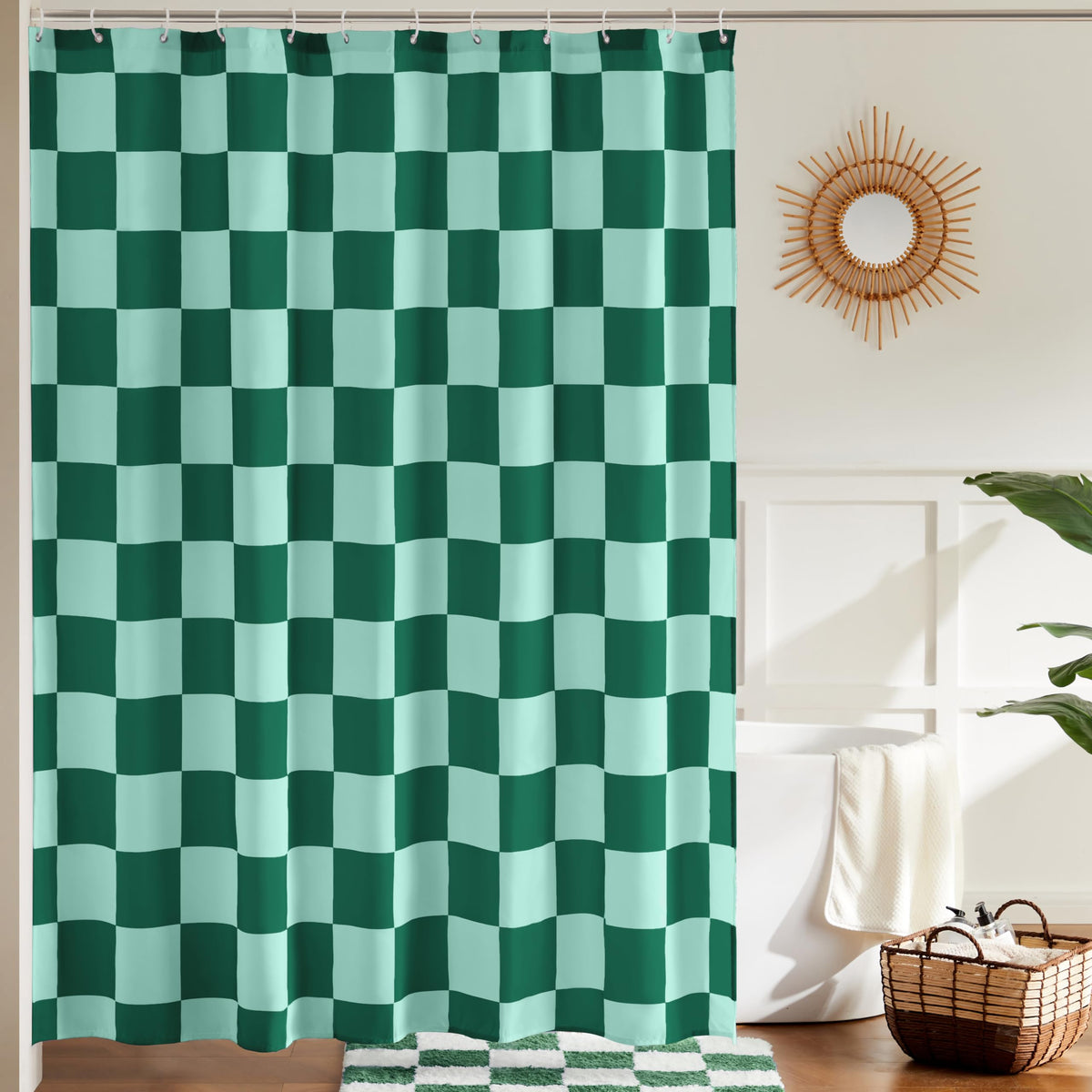 Ohocut Checkered Shower Curtain, Double Pink Plaid Shower Curtains for Bathroom, Cute Retro Checkboard Shower Curtain Vintage Aesthetic, Washable Fabric Bath Curtain 72''x72''
