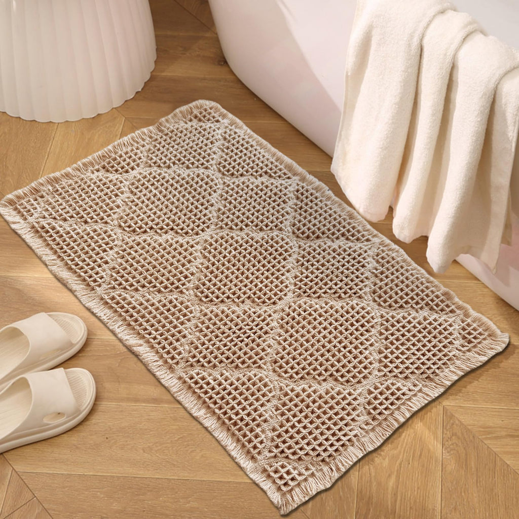 ZALL Waffle Bath Mat Boho Bathroom Mat Ultra Absorbent Non Slip 18x30 Tan