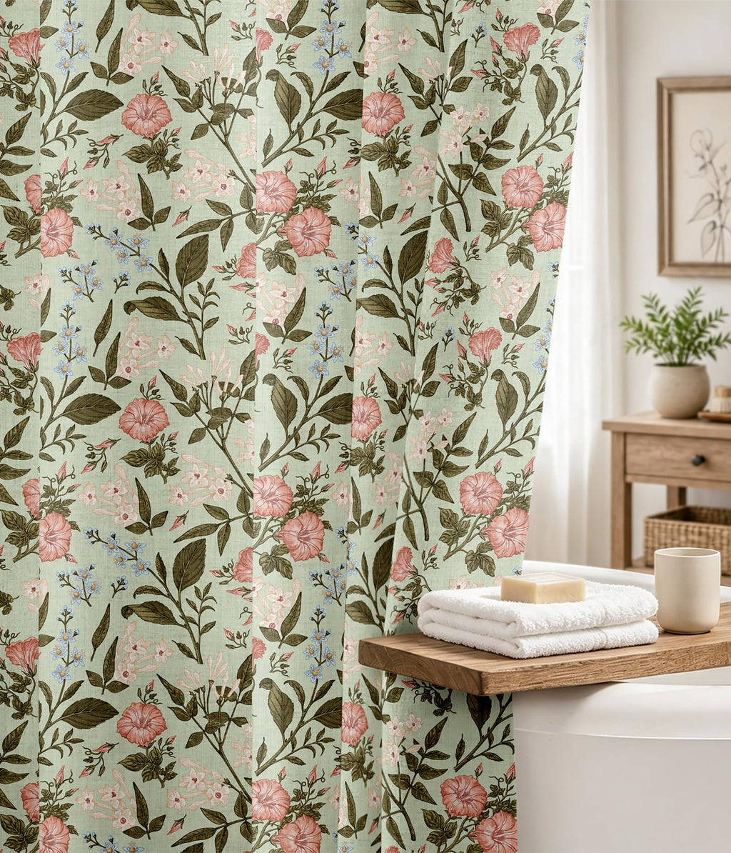 MAMUSE Linen Shower Curtain for Bathroom - Cute Aesthetic Decorative Modern Girly Unique Girls Design Farmhouse Women Waterproof Cortinas de Baño Bathtub 72 x 72 Inch, Sage Flower