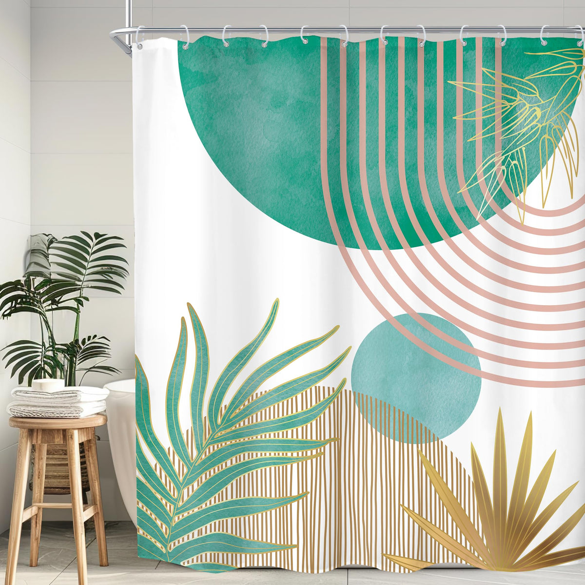 Mid Century Green Orange Boho Abstract Modern Bathroom Shower Curtain Set