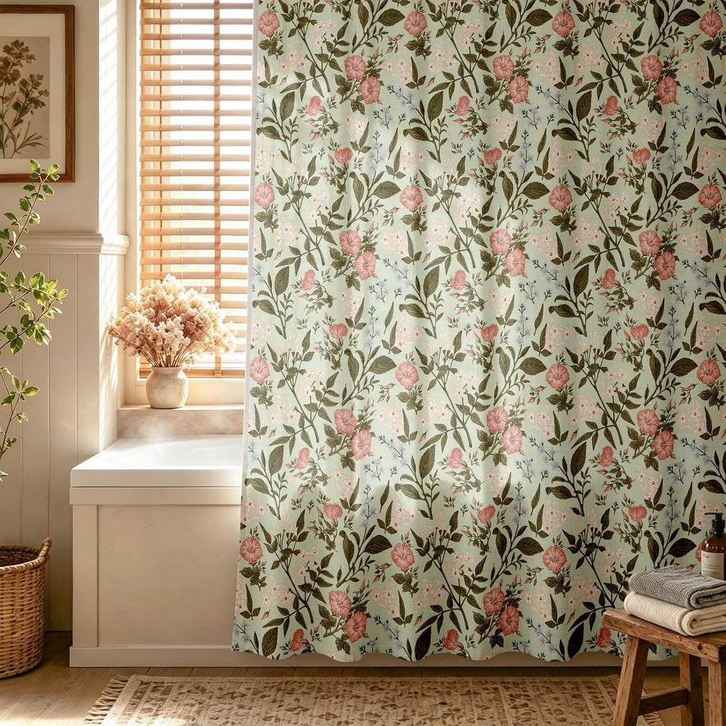 MAMUSE Linen Shower Curtain for Bathroom - Cute Aesthetic Decorative Modern Girly Unique Girls Design Farmhouse Women Waterproof Cortinas de Baño Bathtub 72 x 72 Inch, Sage Flower