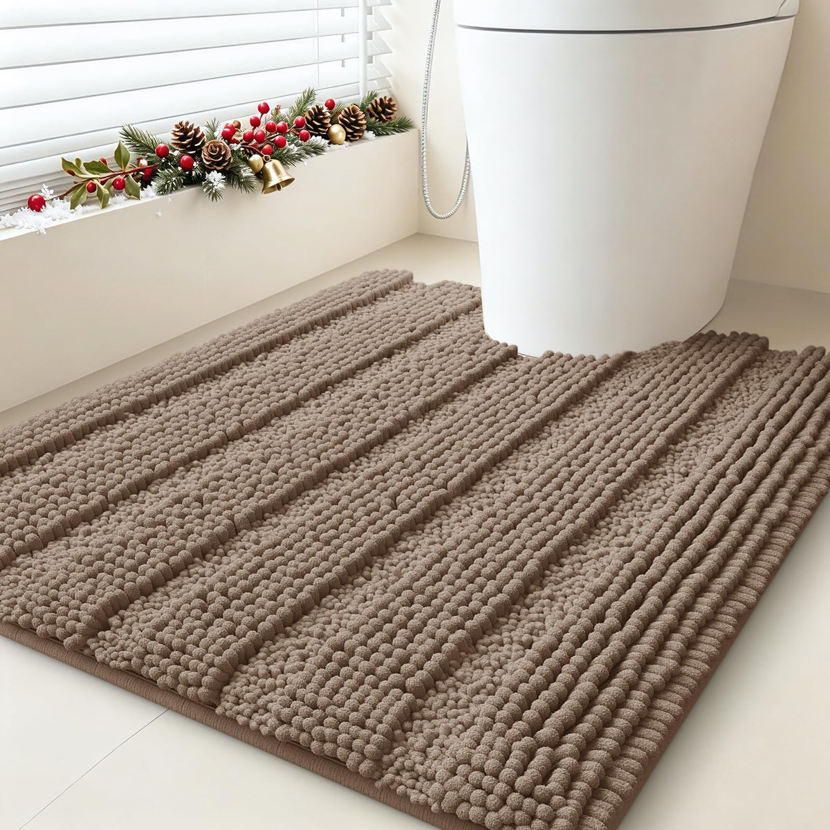 ACCUMTEK Striped Navy Blue Bathroom Rug Set 3 Pieces Ultra Soft, Non Slip Chenille Toilet Mat, Absorbent Plush Shaggy Bath Mats for Bathroom, Bedroom, Kitchen