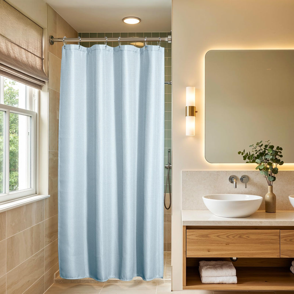 AmazerBath Stall Shower Curtain 60 x 72 Inches, Waffle Shower Curtain White, Fabric Shower Curtains Heavy Duty 240GSM, Hotel Quality Bathroom Shower Curtains