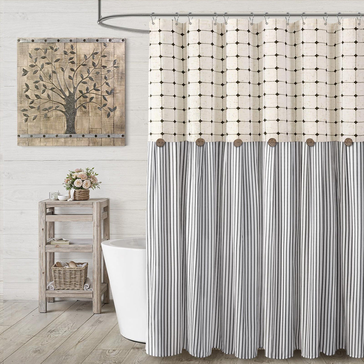 Farmhouse Shower Curtain Linen Beige Button Brown Stripe 72"W x 72"L