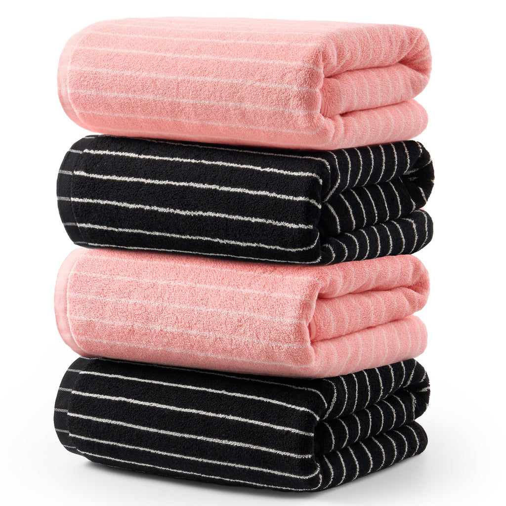 ecolook 4 Pack Premium Bath Towels, 100% Cotton Striped, 28x55 in, Black