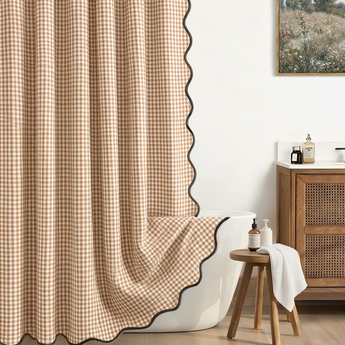 Scalloped Shower Curtain Linen Boho Beige 72" W x 72" L