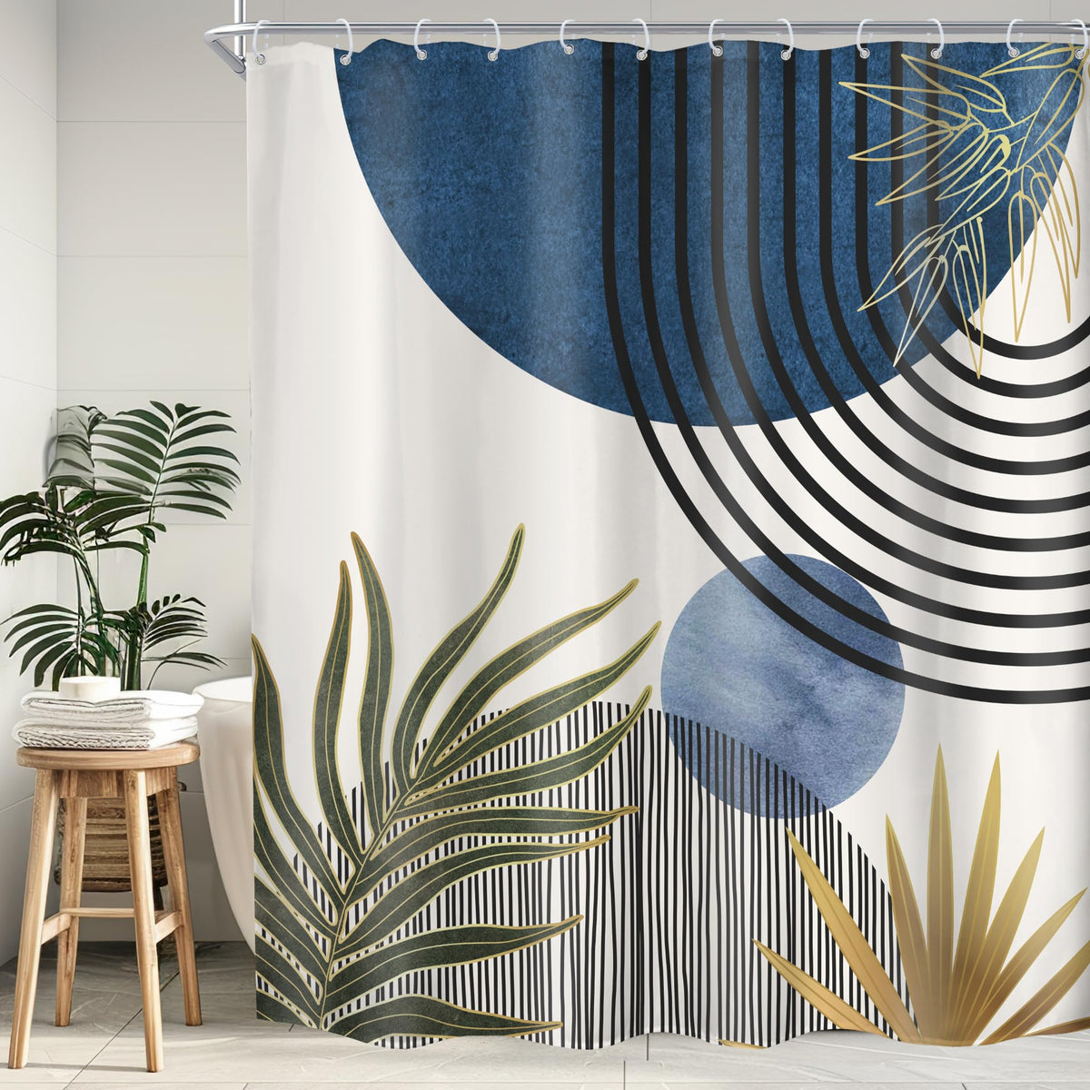 Mid Century Green Orange Boho Abstract Modern Bathroom Shower Curtain Set