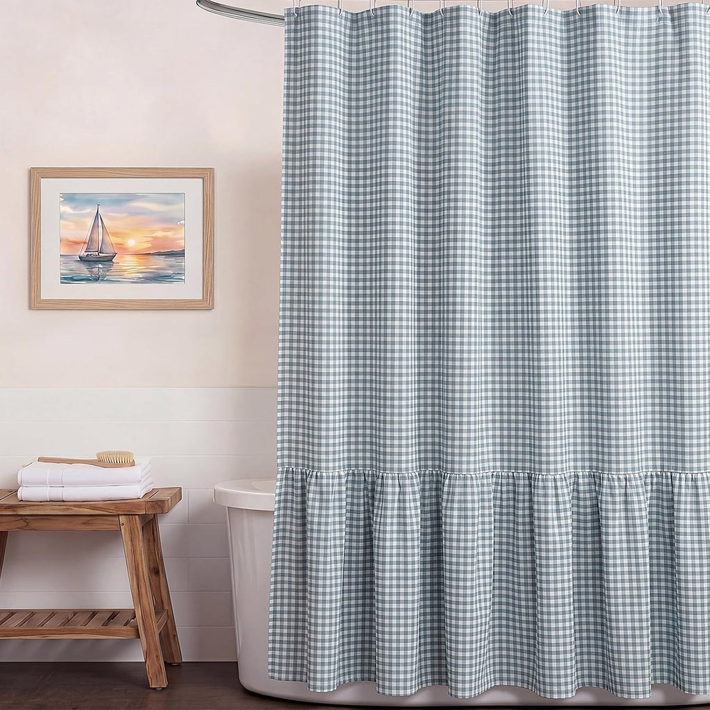 HunnmingRe Ruffle Hem Gingham Shower Curtain Dust Blue