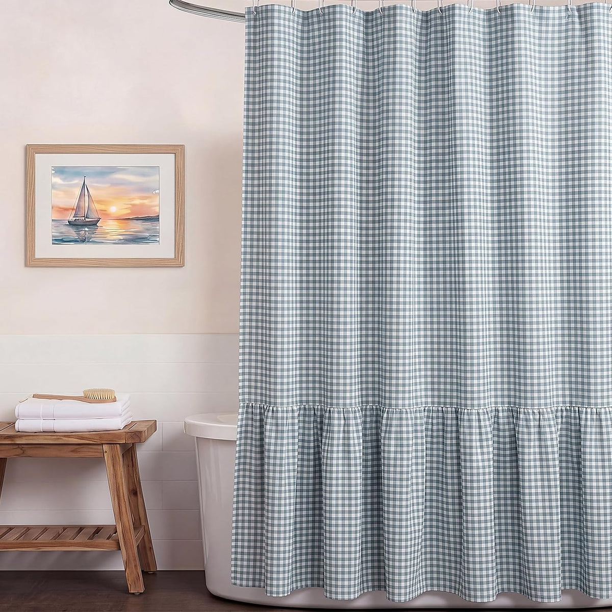HunnmingRe Ruffle Hem Gingham Shower Curtain Dust Blue
