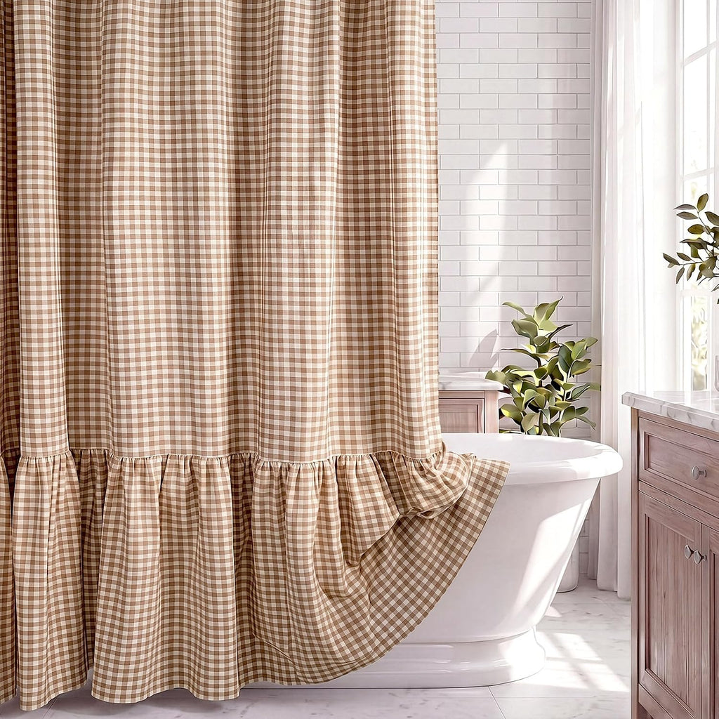 HunnmingRe Ruffle Hem Gingham Shower Curtain Taupe