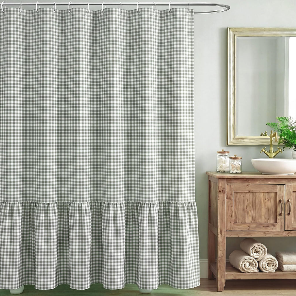 HunnmingRe Ruffled Gingham Shower Curtain Red