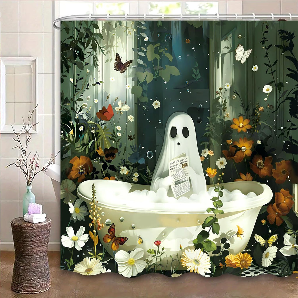 Halloween Shower Curtain Spooky Bathroom Cute Funny Shower Curtains Ghost Shower Curtain 72x72 Inch Waterproof Polyester Insulated Home Decor Set Halloween Bathroom Decor