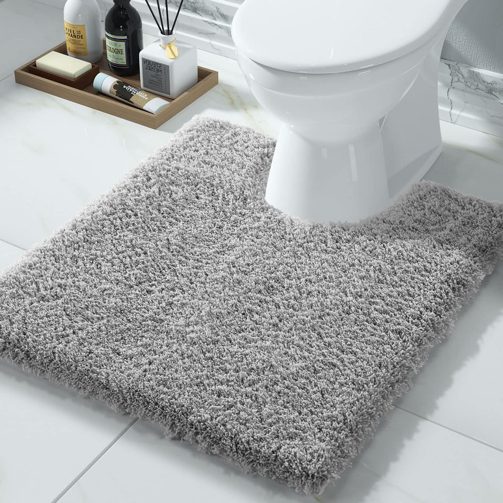 Yimobra Bathroom Rugs Non Slip Washable 32X20, Ultra Soft and Water Absorbent Bath Mats, Plush Fluffy Shower Mat Outside, Microfiber Thick Matts for Bathroom Floor/Tub, Light Gray and White