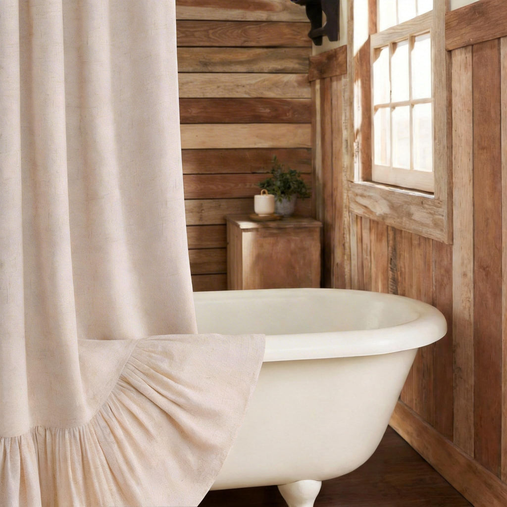 Farmhouse Shower Curtain Ruffle Linen Cream-Brown Stripe 72"W x 72"L