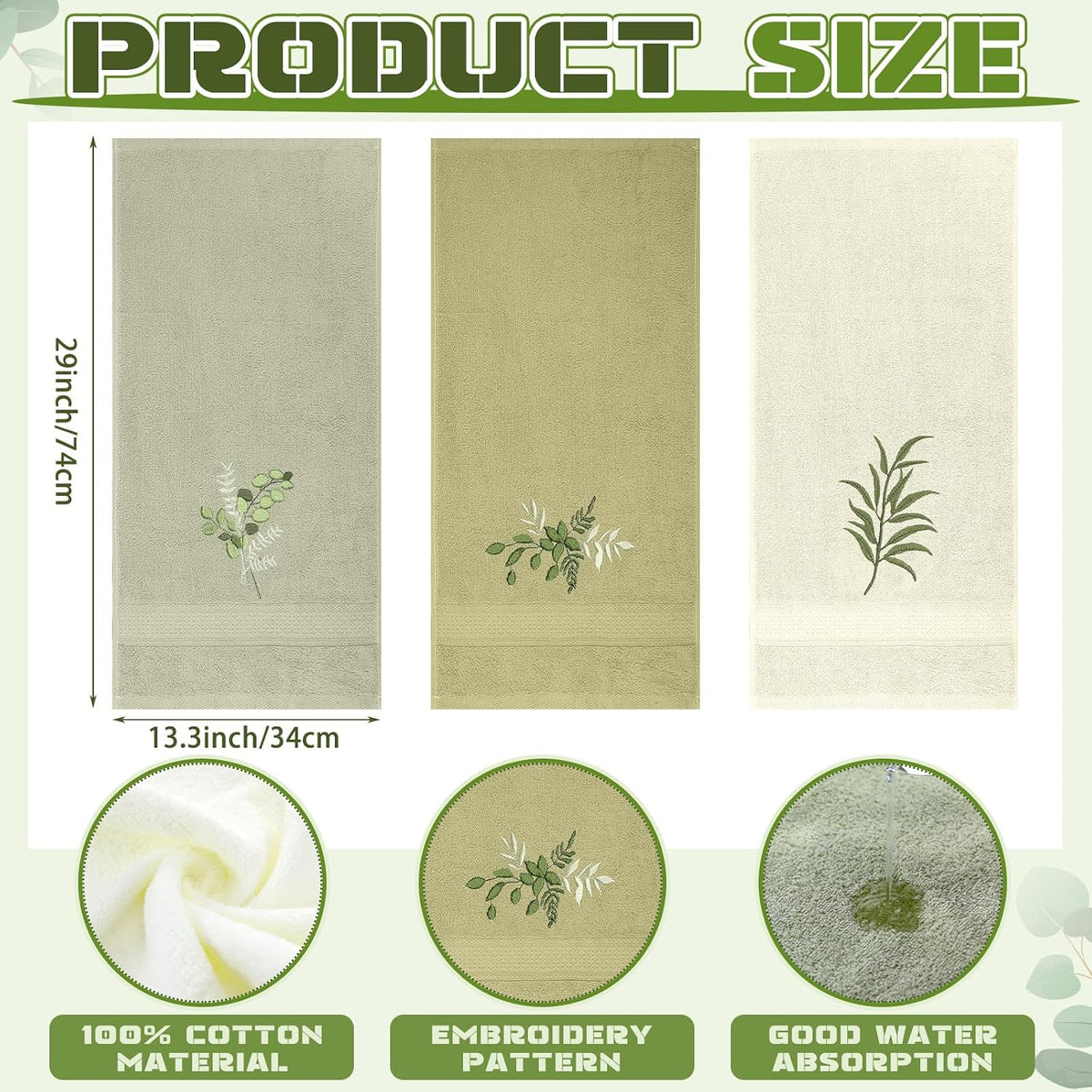 Tingjoo 3 Pcs Eucalyptus Leaves Hand Towels Farmhouse Fingertip Bath Towels