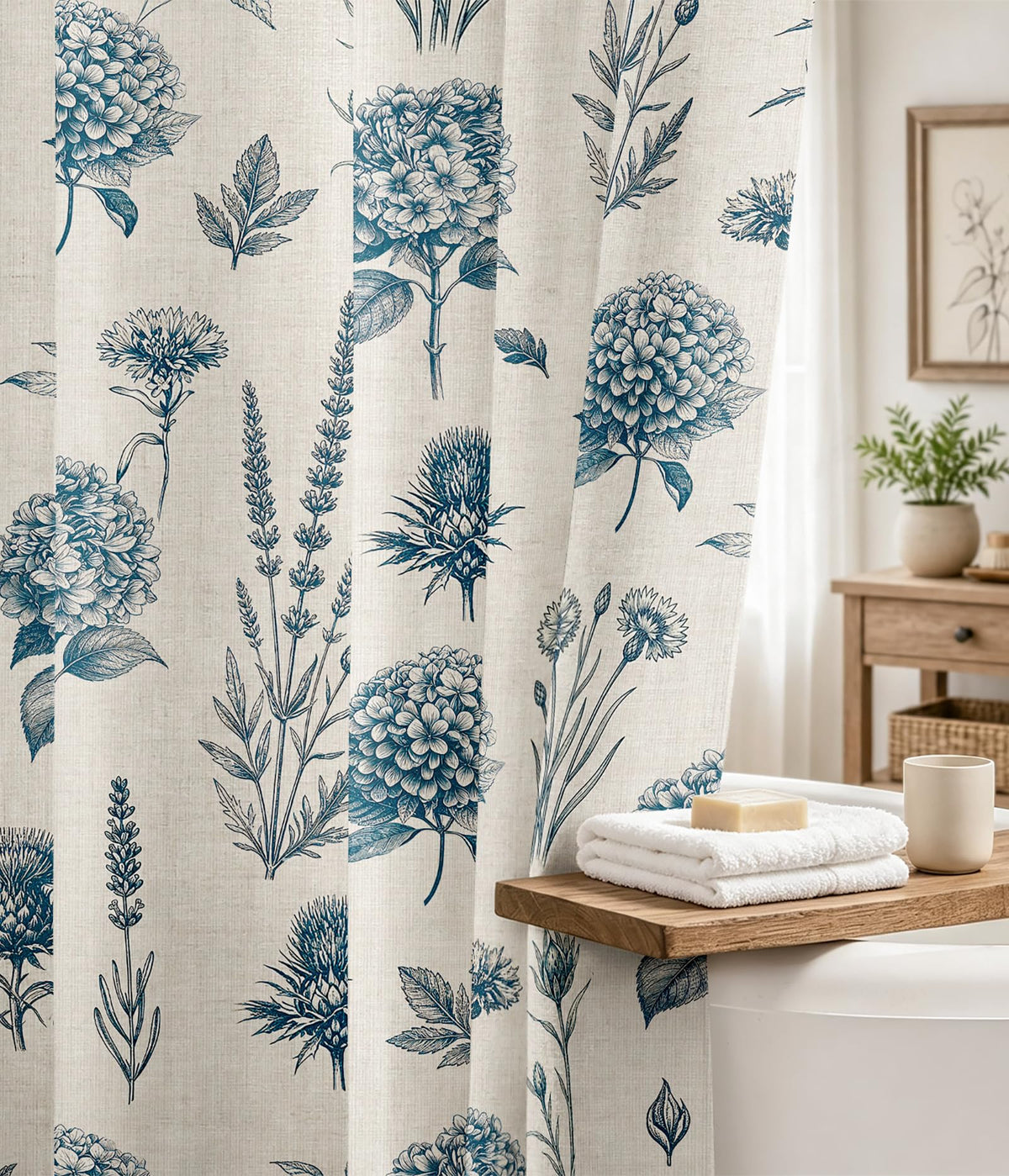 MAMUSE Linen Shower Curtain for Bathroom - Cute Aesthetic Decorative Modern Girly Unique Girls Design Farmhouse Women Waterproof Cortinas de Baño Bathtub 72 x 72 Inch, Sage Flower