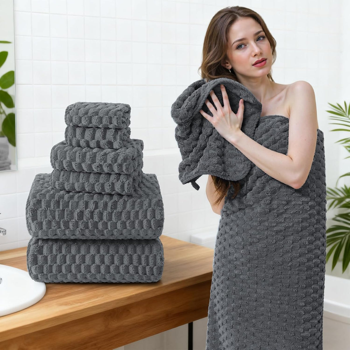 REDKISS Charcoal Gray Microfiber Towels Set of 6- Extra Large 35x70 Inches