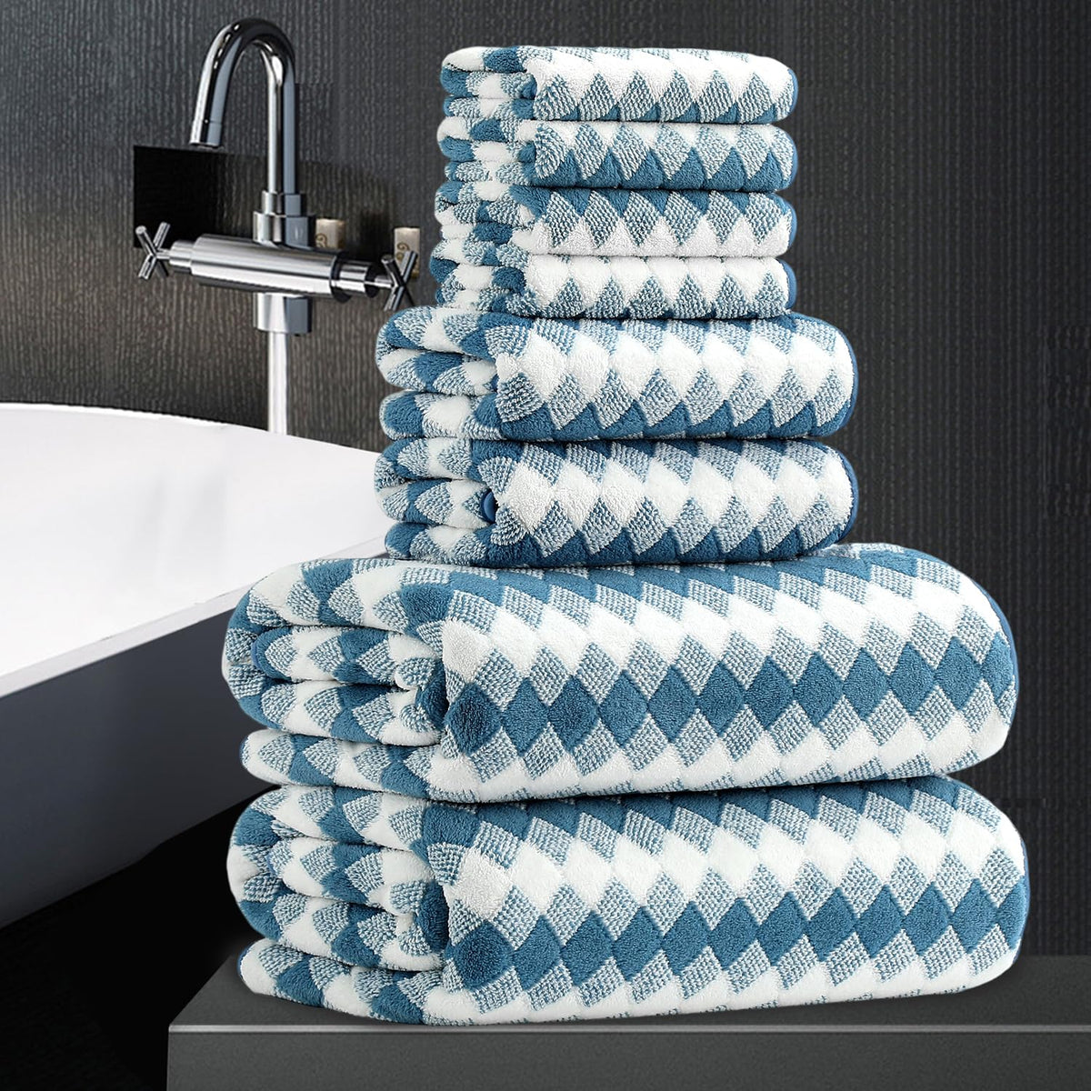 8 Piece Bathroom Towel Set Black White|2 Oversized Large Bath Towels Sheet,2 Hand Towels,4 Washcloths| 600GSM Soft Towel Set for Bathroom Hotel,Highly Absorbent Quick Dry Bath Towel Collections