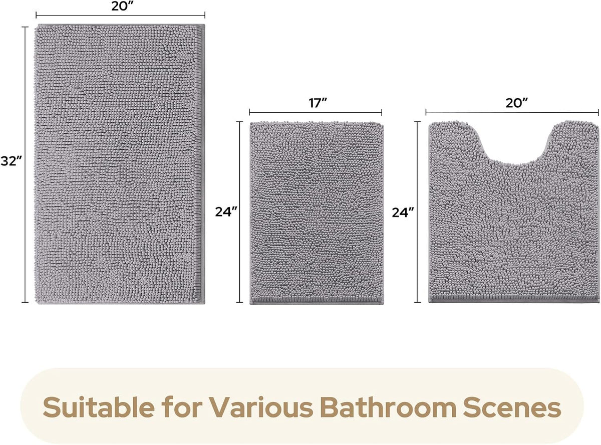 HOMEIDEAS Bathroom Rugs Set of 3, Super Soft Absorbent Chenille Bath Rugs