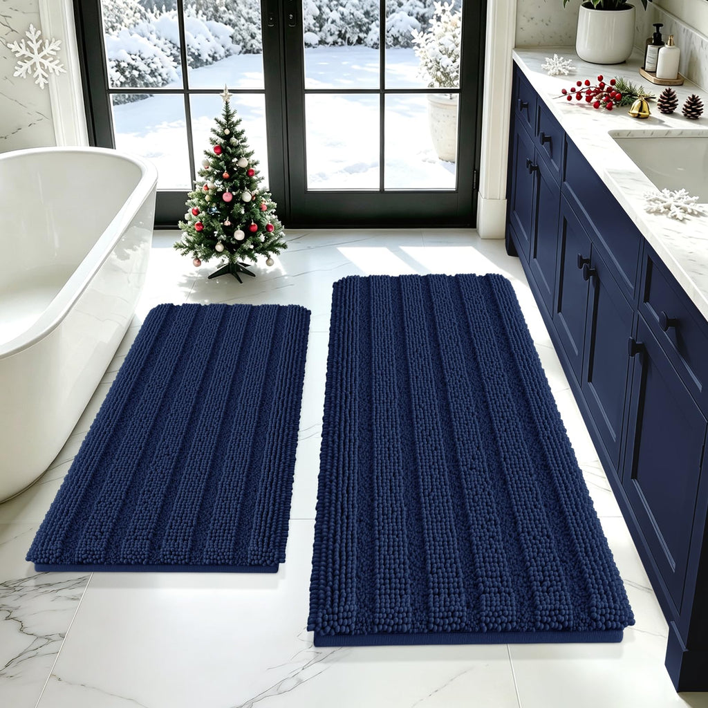 ACCUMTEK Striped Navy Blue Bathroom Rug Set 3 Pieces Ultra Soft, Non Slip Chenille Toilet Mat, Absorbent Plush Shaggy Bath Mats for Bathroom, Bedroom, Kitchen