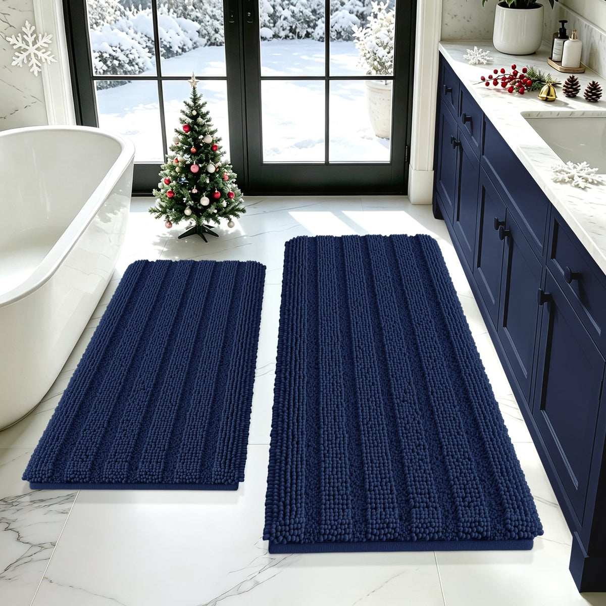 ACCUMTEK Striped Navy Blue Bathroom Rug Set 3 Pieces Ultra Soft, Non Slip Chenille Toilet Mat, Absorbent Plush Shaggy Bath Mats for Bathroom, Bedroom, Kitchen