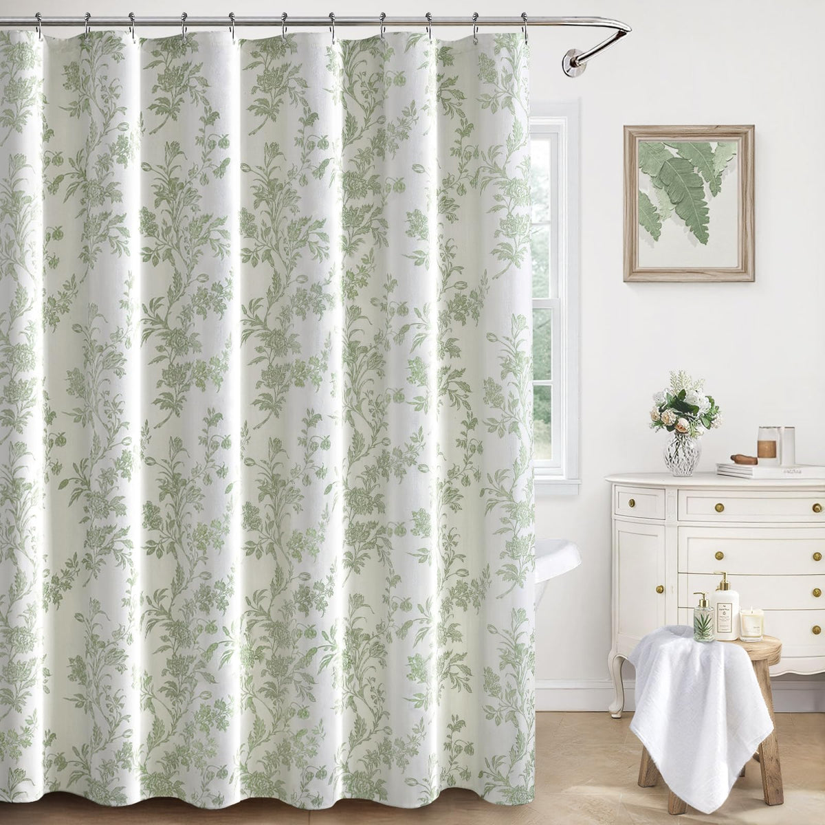 Sage Green Floral Shower Curtain,Vintage Cotton Cottagecore Shower Curtains for Bathroom, 72" W x 72" L
