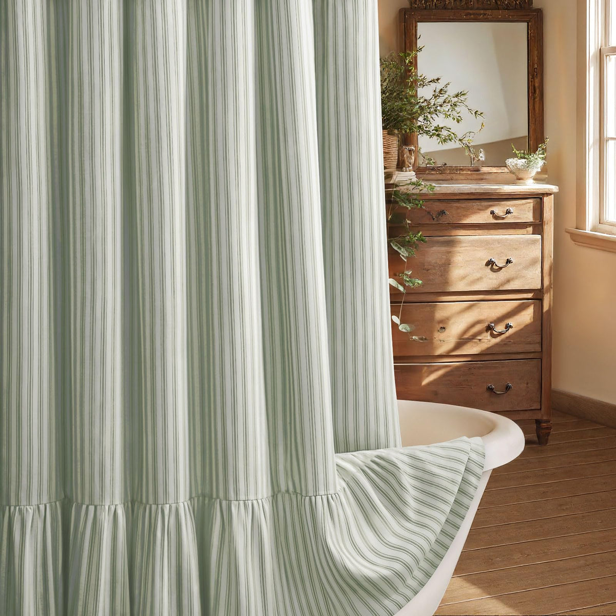 Farmhouse Shower Curtain Ruffle Linen Cream-Brown Stripe 72"W x 72"L