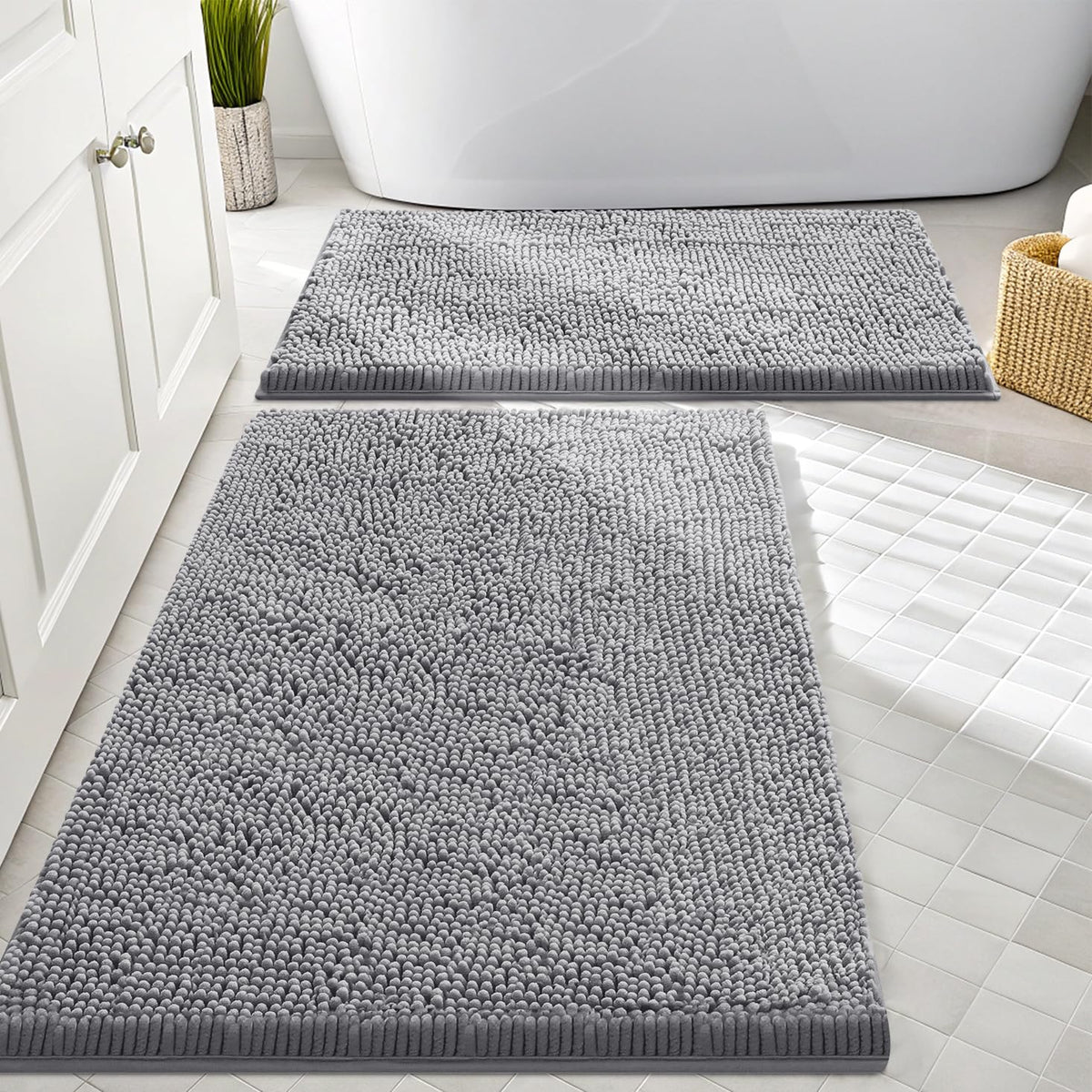 Smiry Chenille Bathroom Rugs Sets 2 Piece (30x20+24x16, Black)