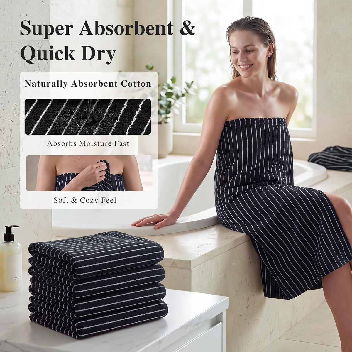 ecolook 4 Pack Premium Bath Towels, 100% Cotton Striped, 28x55 in, Black