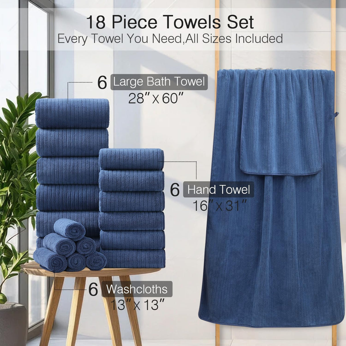 Hailea 18 Piece Family Bath Towel Set Include 6 Bath Towels,6 Hand Towels and 6 Washcloths Soft Bathroom Towel with Hanging Loops,Highly Absorbent Quick Dry Towels Set for Bathroom,Hotel and Spa-Navy