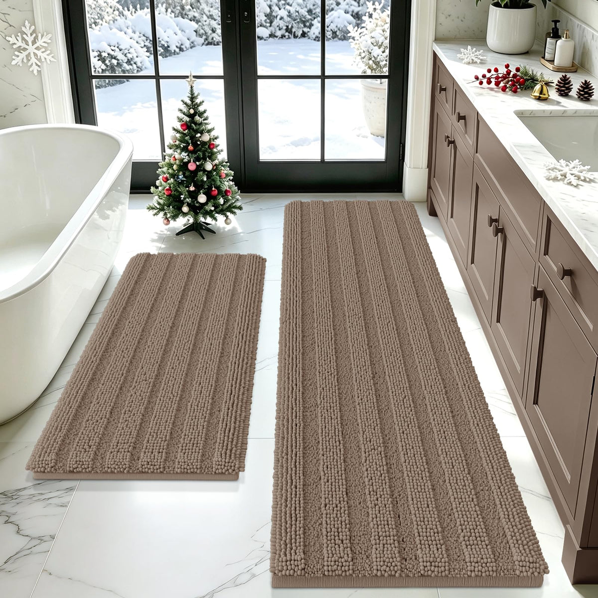 ACCUMTEK Striped Navy Blue Bathroom Rug Set 3 Pieces Ultra Soft, Non Slip Chenille Toilet Mat, Absorbent Plush Shaggy Bath Mats for Bathroom, Bedroom, Kitchen