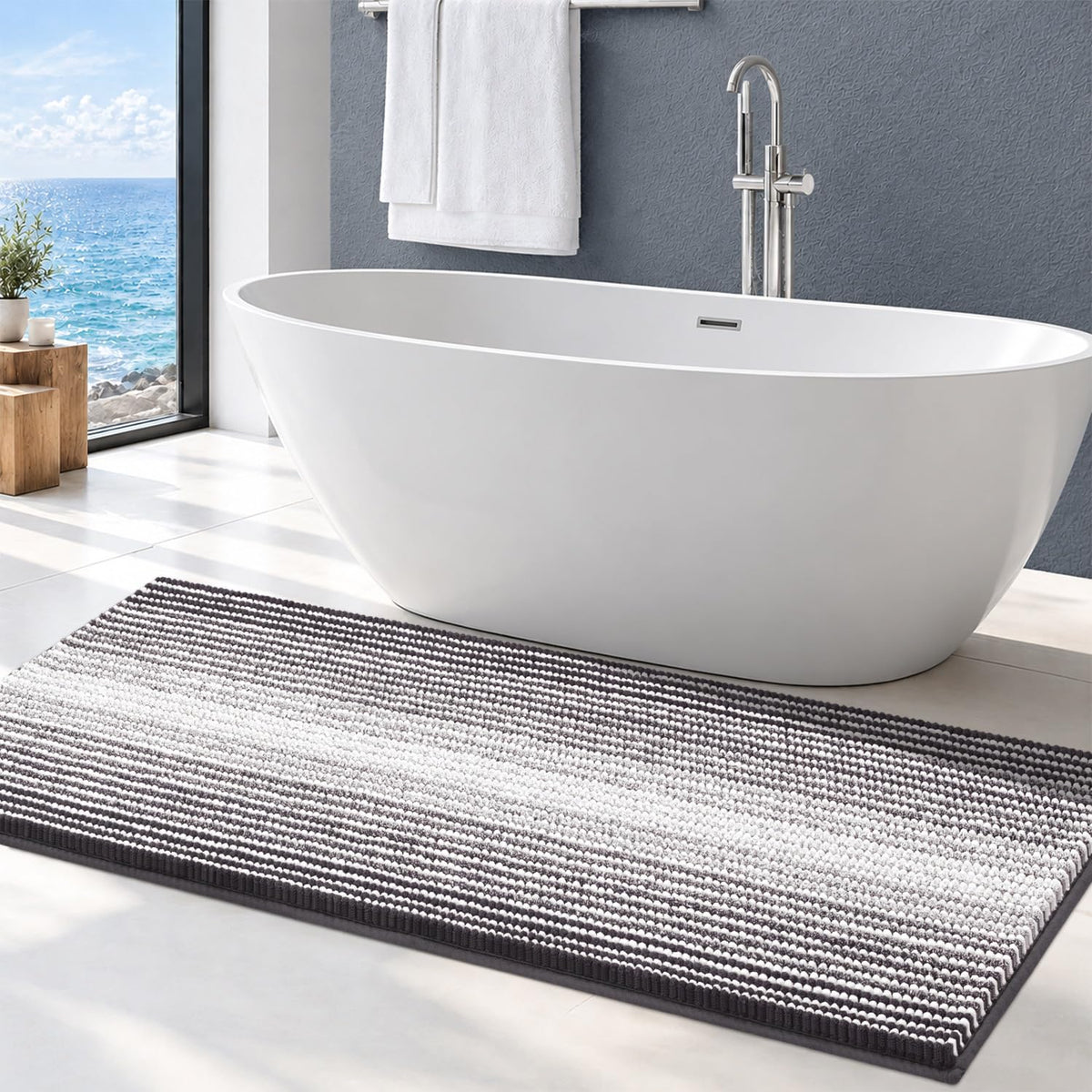 BSICPRO Bathroom Rugs Sets 2 Piece, Non Slip Striped Bath Mats, Fog Blue