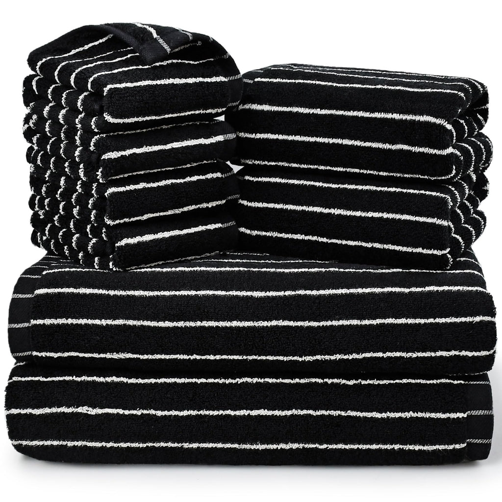 8 Piece Black and Ivory Towel Set, Super Soft & Absorbent Cotton Striped