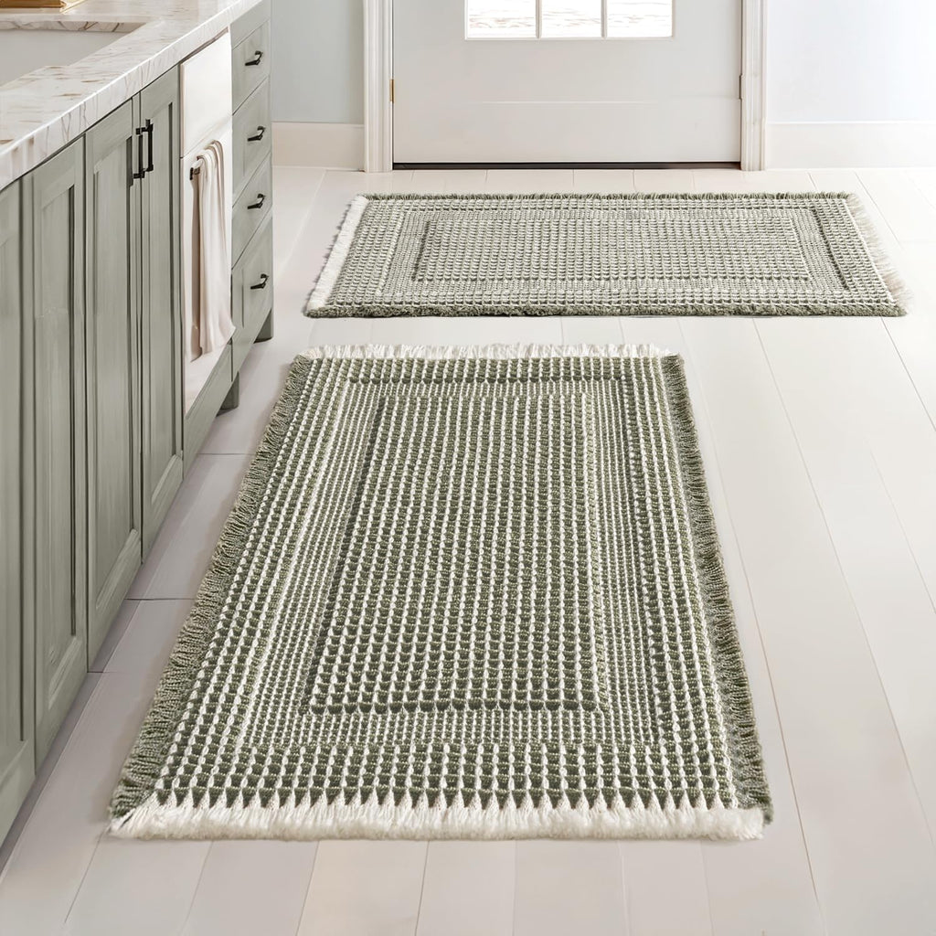 MIULEE Set of 2 Waffle Bathroom Rugs Brown&Cream Boho Bath Mat 17x24+18x30
